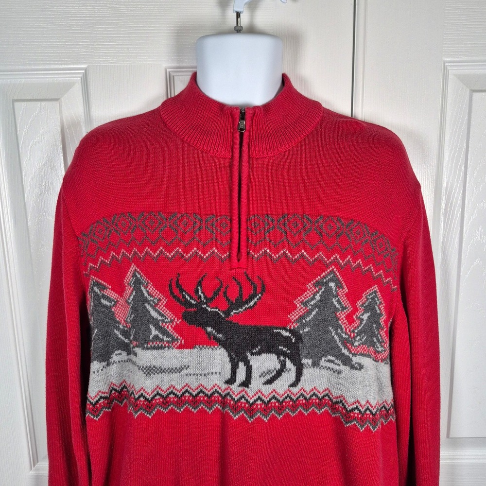 Chaps red reindeer winter Christmas holiday quarter zip sweater men's XL - Picture 2 of 13